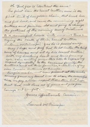 Letter from Cousin Leonard Del Principe Back