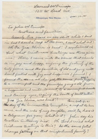 Letter from Cousin Leonard Del Principe Front